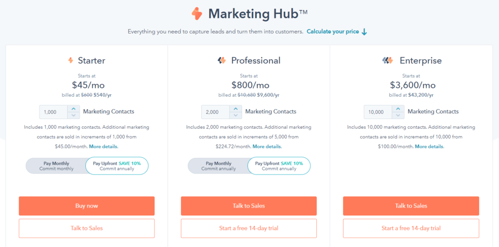 HubSpot CRM pricing for its marketing hub.