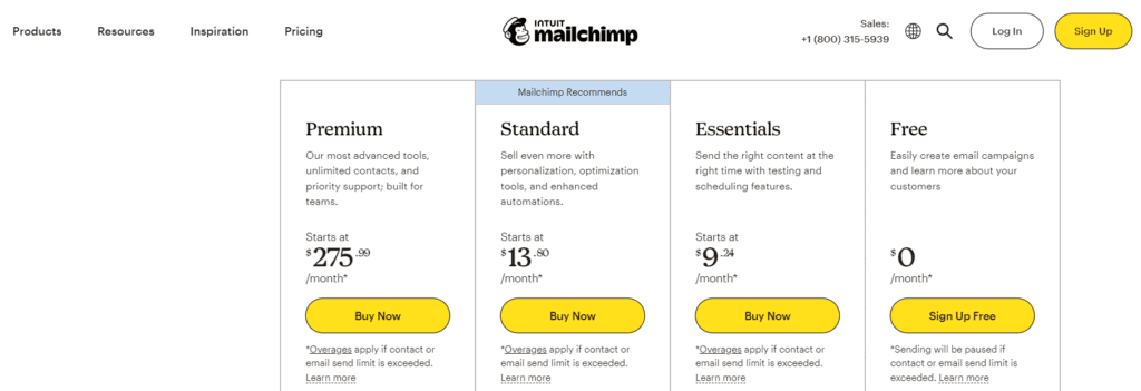 MailChimp has four plans for its marketing services.