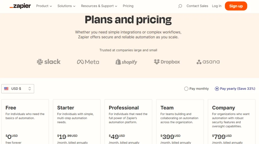 Pricing and plans of Zapier Tool based yearly.