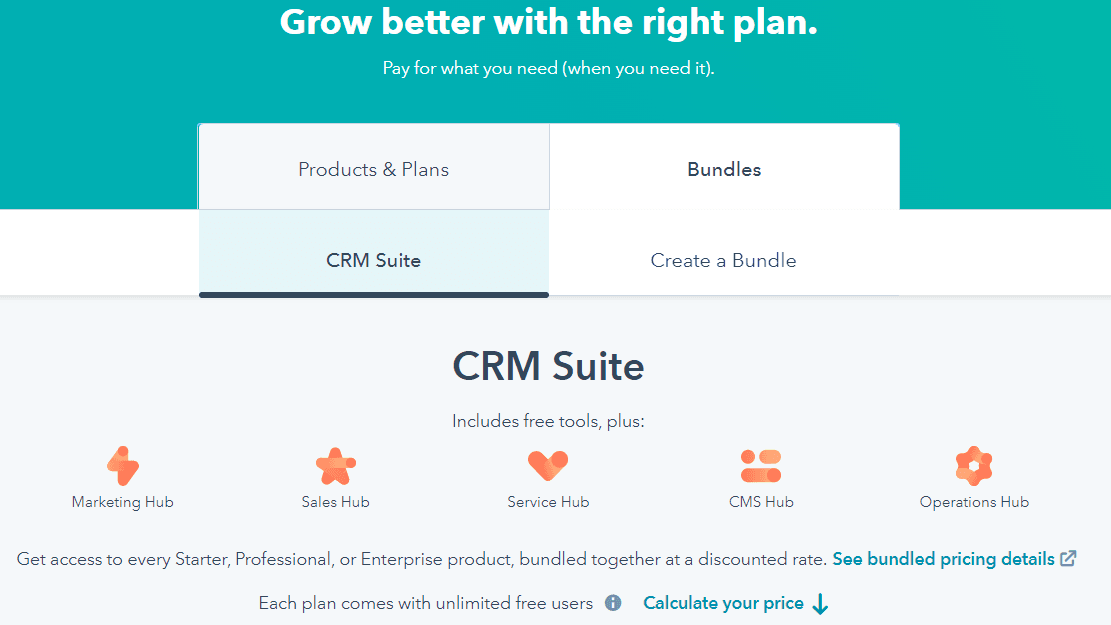 CRM Suite gives the pricing plans of HubSpot CRM when bundled with various hubs accordingly.