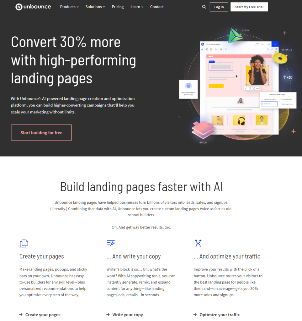Unbounce is a landing page builder. Here is its homepage and pricing information.