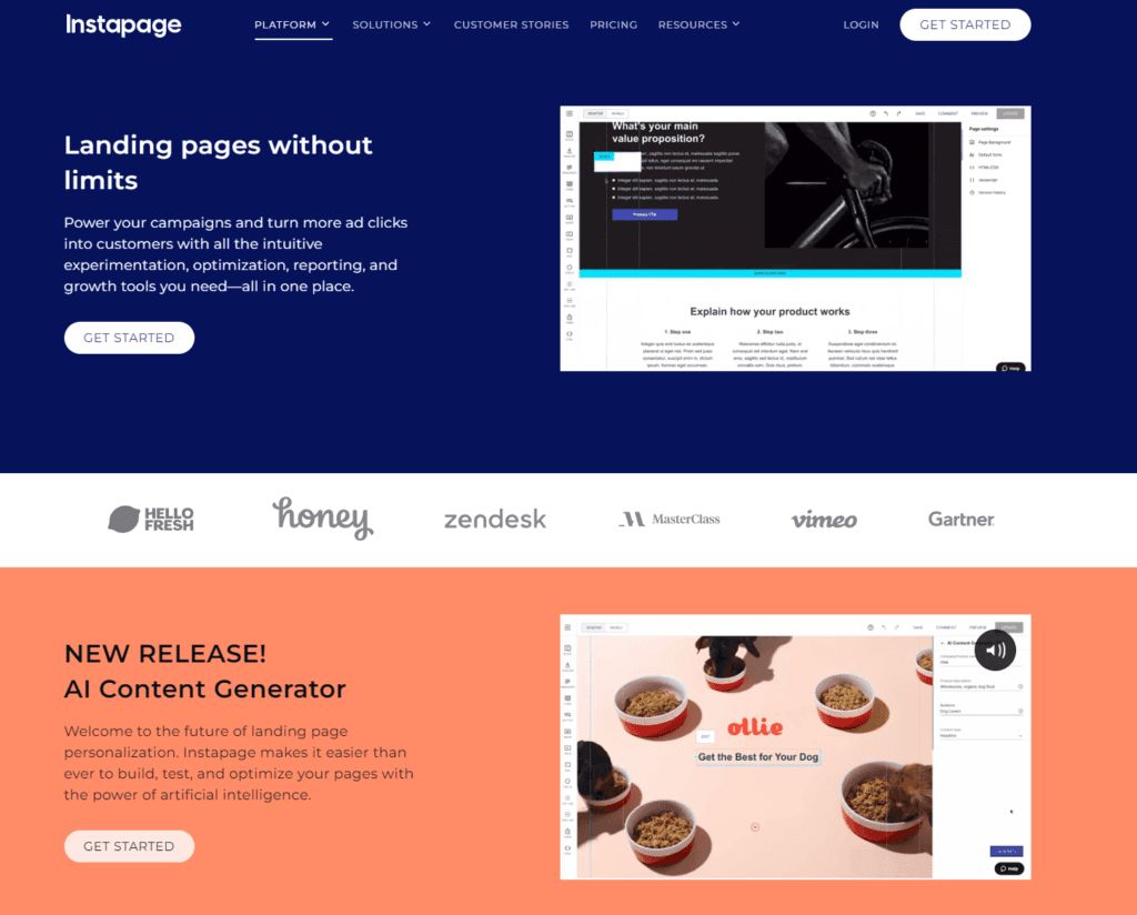 Instapage is a landing page builder. Here is its homepage and pricing information.