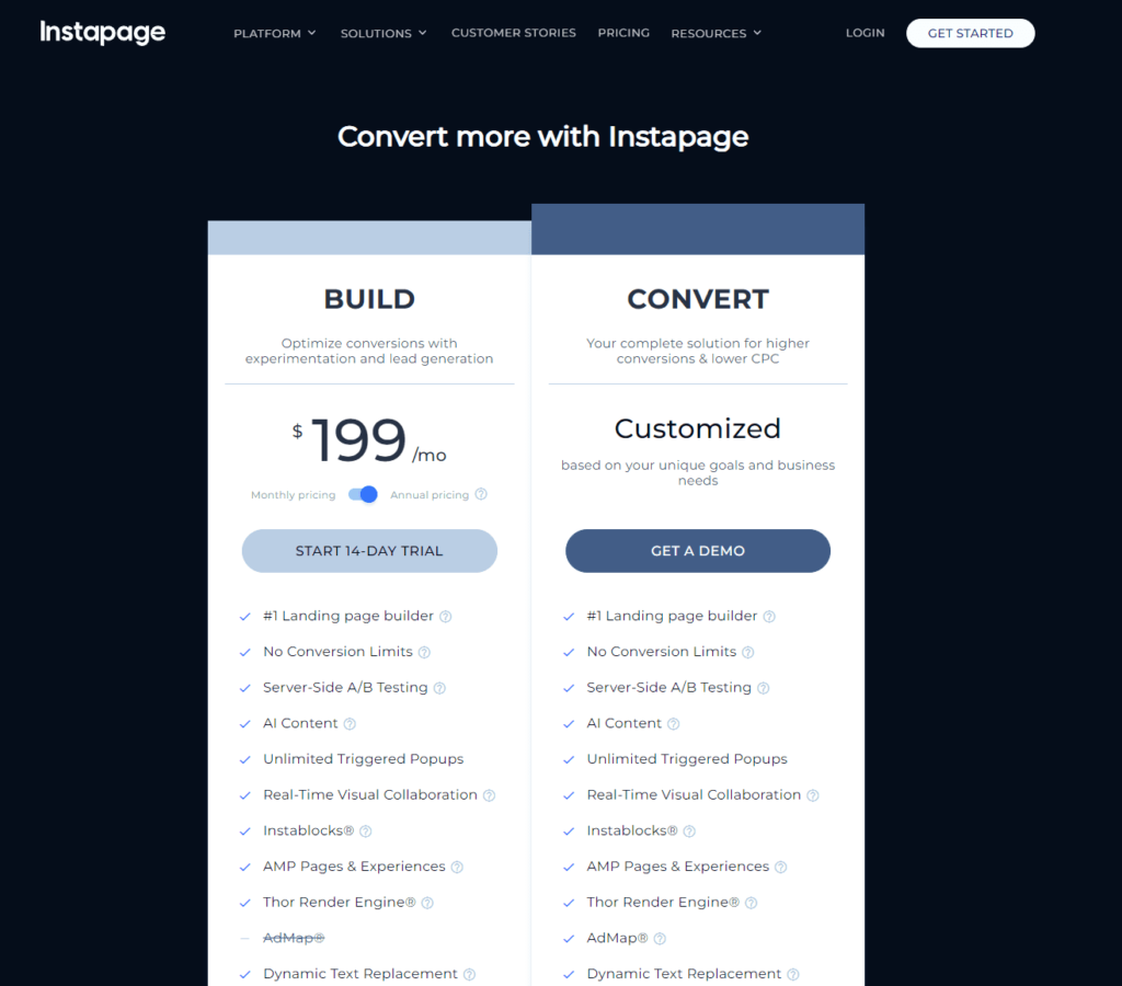 Instapage is a landing page builder. Here is its homepage and pricing information.