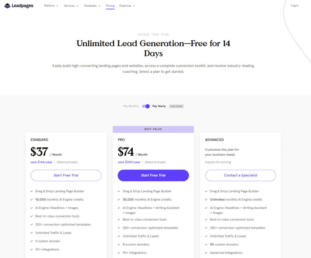 Leadpages is a landing page builder. Here is its homepage and pricing information.