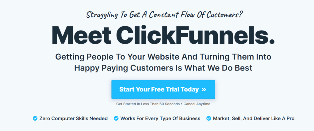 ClickFunnels is a landing page builder. Here is its homepage and pricing information.