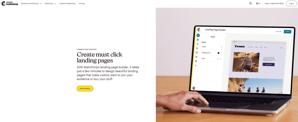 Mailchimp is a landing page builder. Here is its homepage and pricing information.