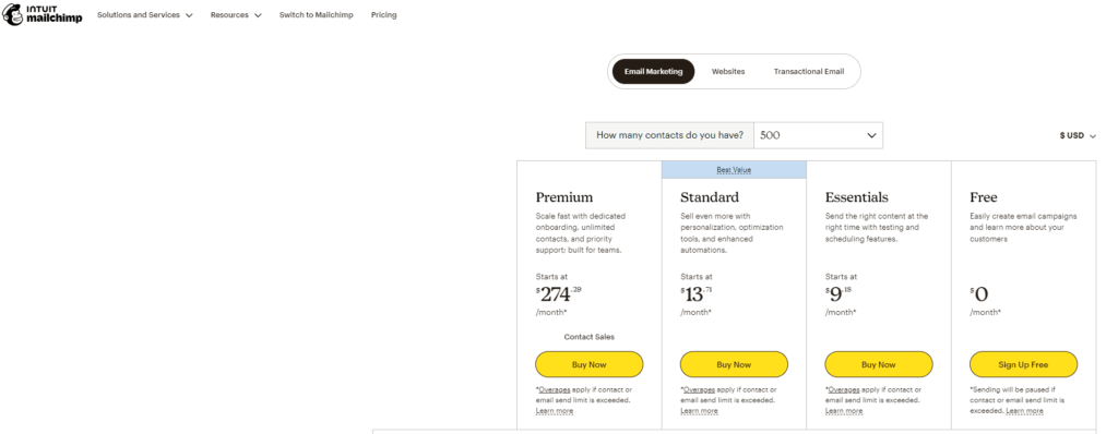 Mailchimp is a landing page builder. Here is its homepage and pricing information.