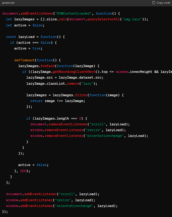 To implement lazy loading for images without relying on the native loading="lazy" attribute, you can use Intersection Observer API for better control and compatibility: