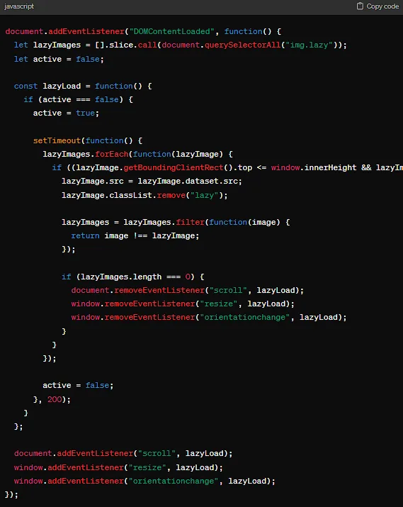 To implement lazy loading for images without relying on the native loading="lazy" attribute, you can use Intersection Observer API for better control and compatibility: