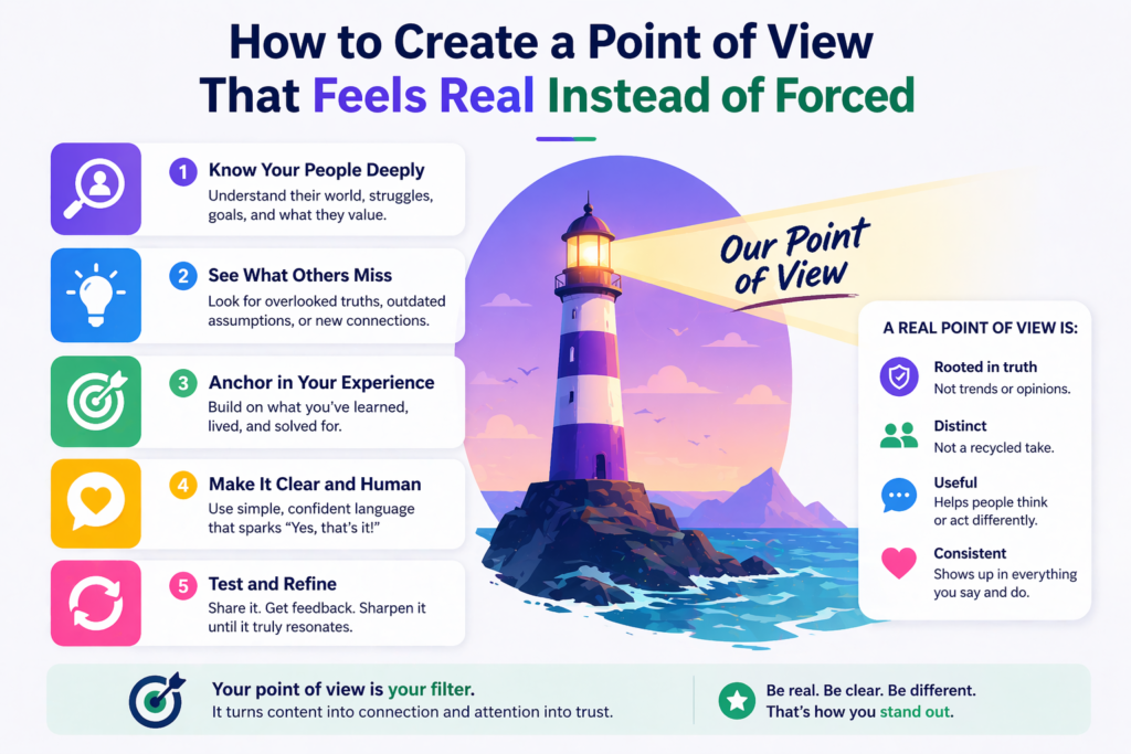 Look at patterns in your client work, your market, and your own results. Where do people waste time? What do they misunderstand? What common advice actually hurts them? What truth do your best clients discover too late?