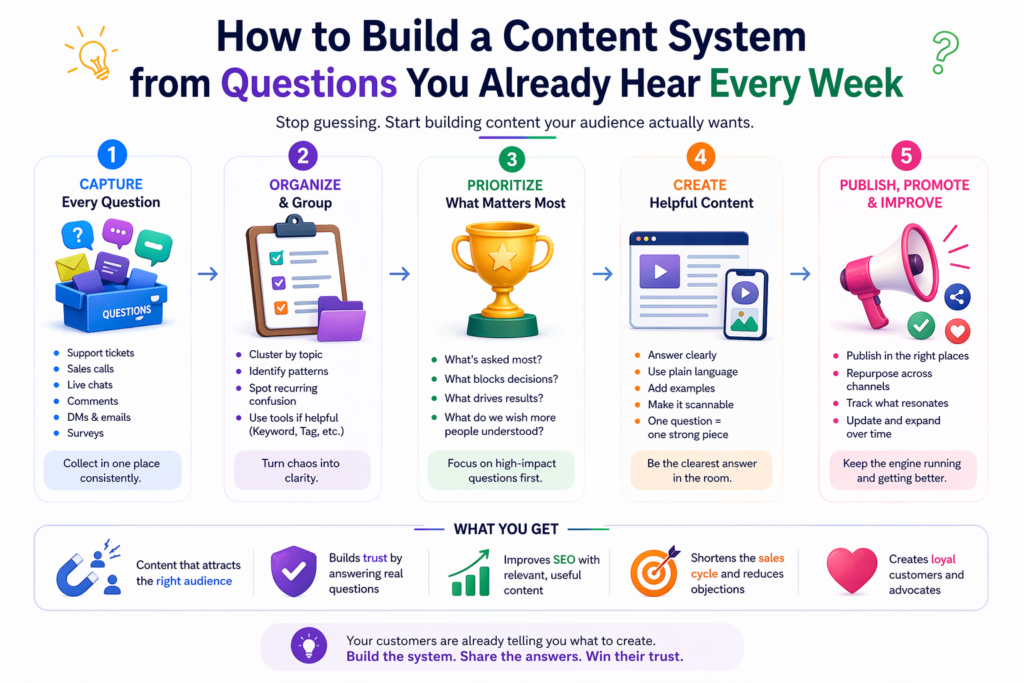 Start collecting questions from sales calls, emails, chat messages, client meetings, comments, and even failed deals. Look for repeated patterns. Then group those questions by stage.