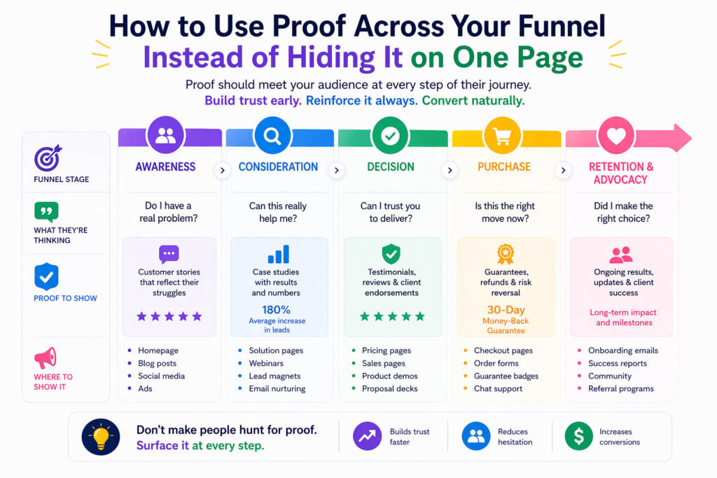If your homepage makes a bold claim, it should have proof near that claim. If your service page promises results, it should show a real example. If your email asks for a reply, it should include a signal that others already trust you. If your ad makes an offer, your landing page should back it up fast.