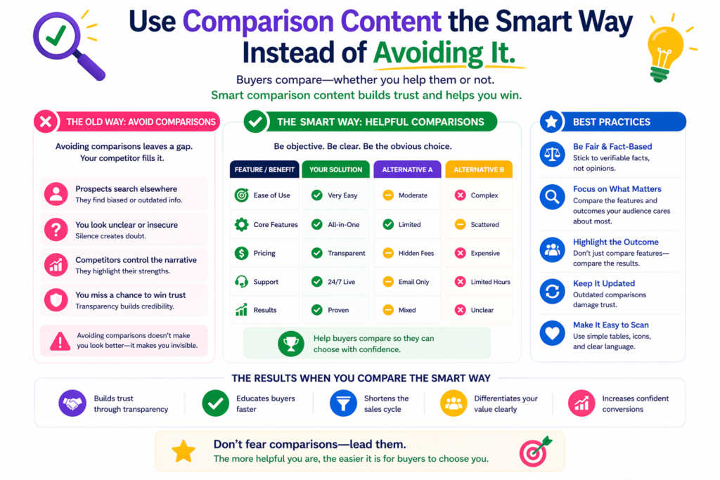 Many businesses hesitate to create comparison content because they think it feels too direct or too sales-driven. They worry that mentioning competitors will send people away. In reality, buyers are already comparing options. If your brand refuses to help them with that process, they will do it somewhere else.