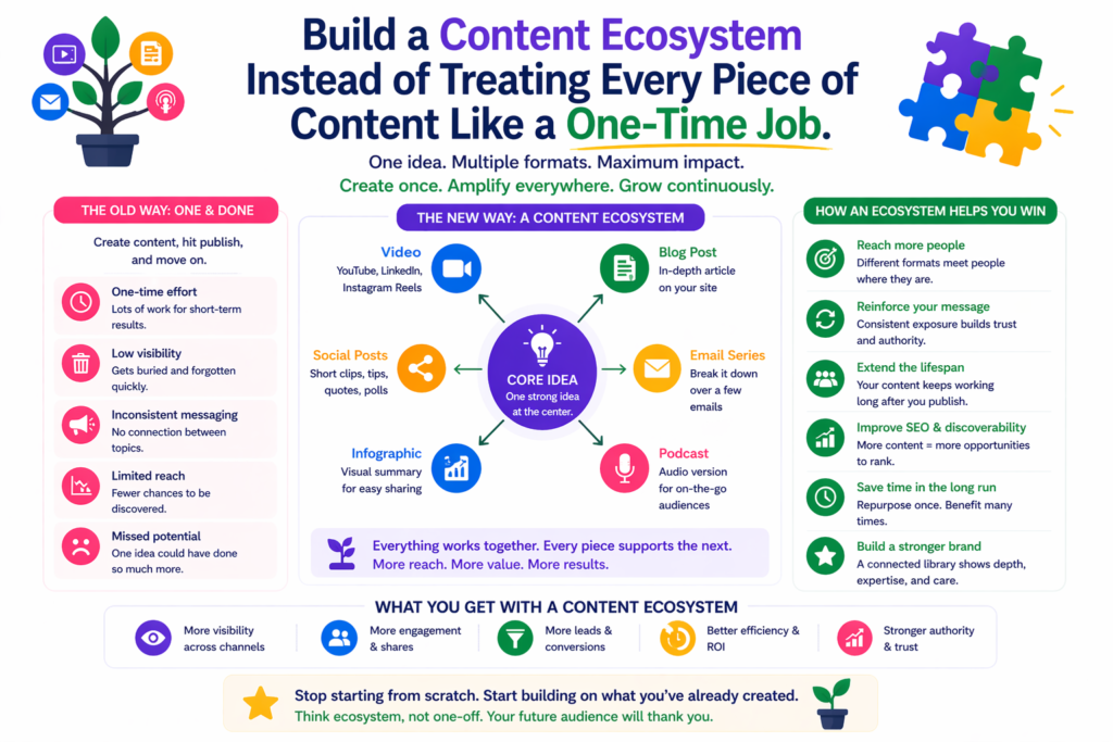 One of the biggest reasons content marketing becomes exhausting is because teams treat each piece as a separate task. They write one blog post, then move on. They post one video, then move on. They publish one email, then move on. There is no structure connecting the work.