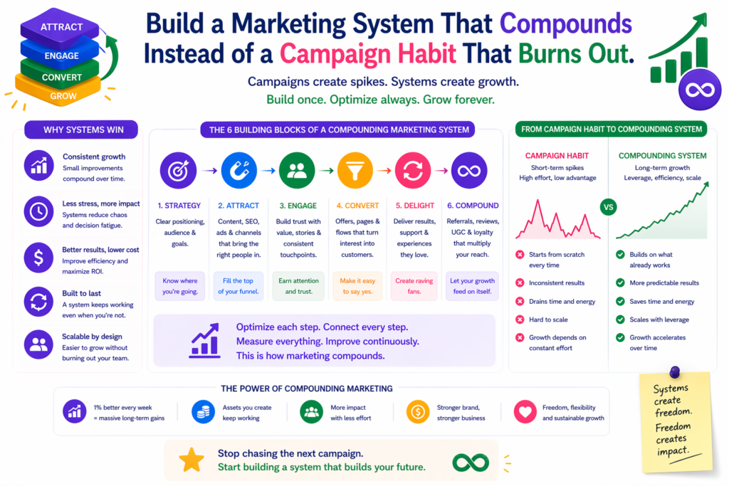 Many businesses do not really have a marketing strategy. What they have is a campaign habit. They launch something, push it hard, get a short burst of attention, and then go quiet. Then they feel pressure again, so they launch something else. Every few weeks or months, the cycle repeats. It creates effort, but not enough compounding value.