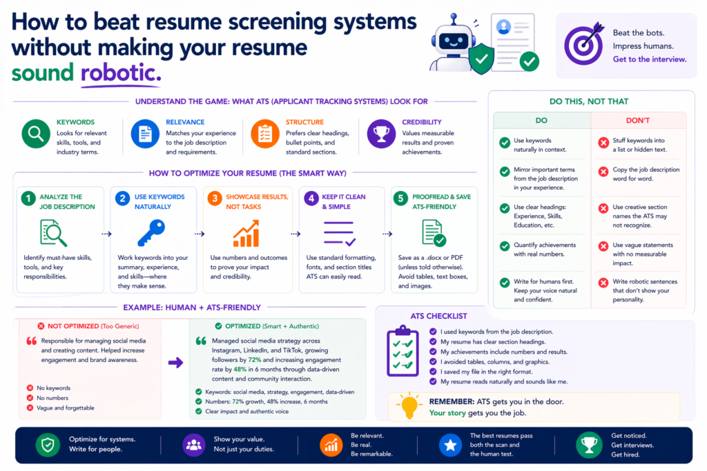A lot of people are scared of resume screening systems, and for good reason. Many companies use software to scan resumes before a person sees them. But people often respond in the wrong way. They stuff their resume with every keyword they can find, repeat job title phrases over and over, and ruin the writing in the process. That is not the right move.