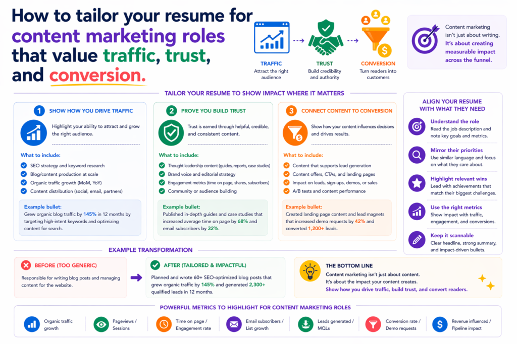 Content marketing roles are often misunderstood by job seekers. Many people think content resumes should focus only on writing, but that is too narrow. Good companies are not just hiring someone who can write nice sentences. They are hiring someone who understands audience needs, search intent, content structure, brand voice, and business goals.