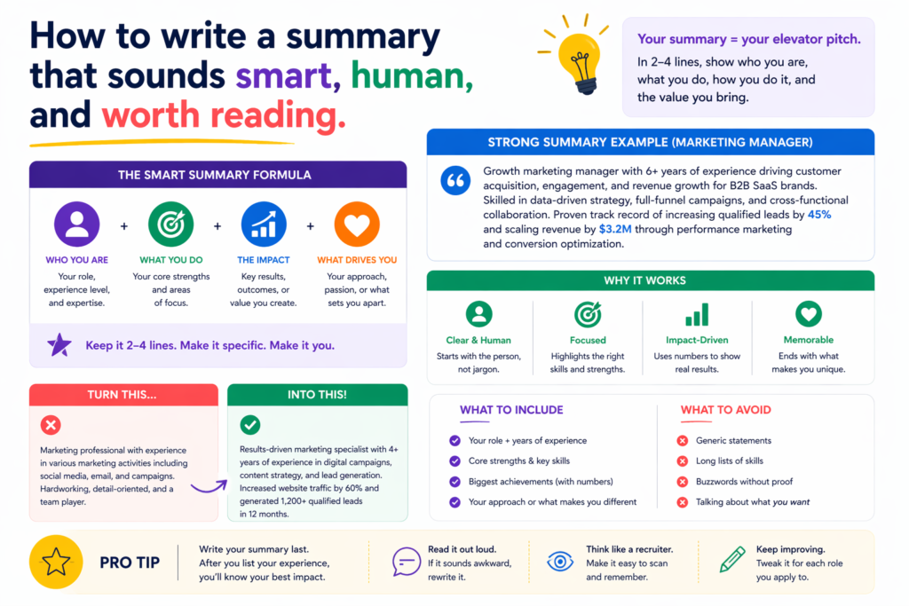 The summary is one of the most misunderstood parts of a resume. Some people fill it with soft traits. Others skip it completely. Both choices can hurt you. A strong summary is useful because it gives context before the reader enters your work history. It frames your experience. It tells the reader what to look for.