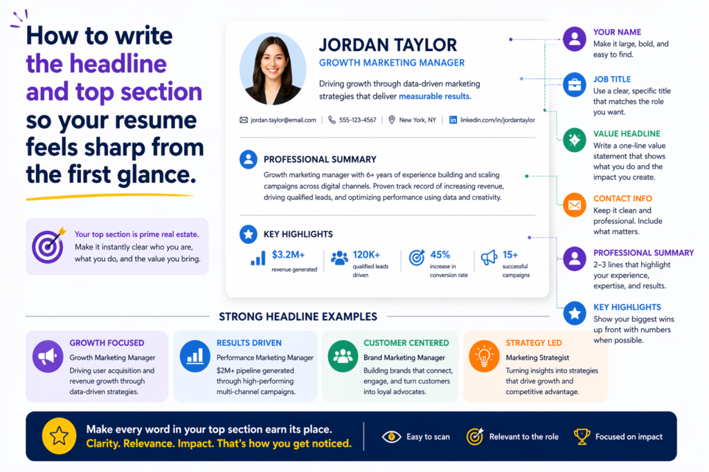The top of your resume should do more than introduce you. It should position you. This is where many marketing resumes lose strength because the opening feels plain, crowded, or unsure of itself. When someone lands on your resume, they should quickly understand what kind of marketer you are and where your value sits. That does not happen by accident. It happens when the top section is built with intent.