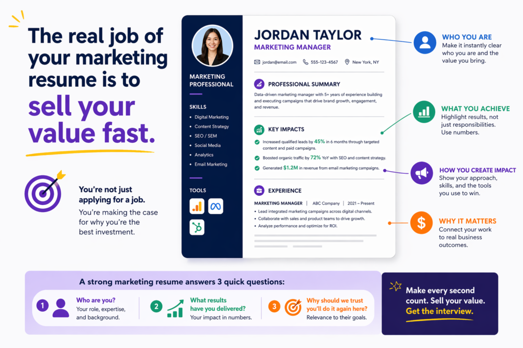 The target audience is the hiring manager, recruiter, founder, or department lead. The goal is to move them to the next step, which is the interview. The message is simple. You can help their company grow, and you have proof to back that up.