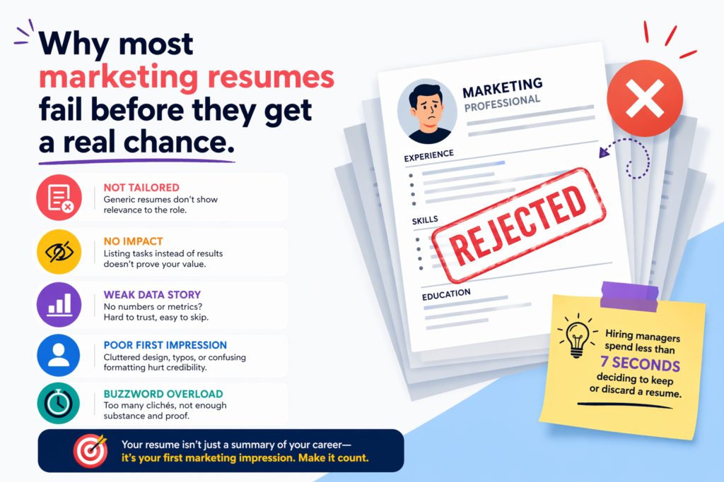 A marketing resume has one job before anything else. It has to make someone stop, pay attention, and want to know more. That is why writing a strong resume for a marketing role is very different from writing a plain job history document. You are not only sharing your experience. You are showing how you think, how you present value, and how well you understand what makes people act. In simple words, your resume is your first proof of skill. Before you ever speak in an interview, before you explain your wins, and before you show your ideas, your resume is already speaking for you.

Why most marketing resumes fail before they get a real chance.

A lot of people think a weak resume fails because the person does not have enough experience. That is not usually the real problem. In many cases, the experience is fine. Sometimes it is even strong. The problem is the way it is presented. 

The resume does not help the reader see value fast enough. It makes the hiring manager work too hard. It hides wins under dull wording. It reads like a job description copied from the internet instead of a sharp story about business impact.

When a company hires for a marketing role, they are not only asking, “Where has this person worked?” They are asking, “Can this person help us grow?” That means your resume needs to do more than list tasks. It needs to show movement. 

It needs to show proof. It needs to make the reader feel that you understand how marketing connects to real outcomes like leads, sales, retention, traffic, brand trust, and growth.

A weak resume talks about activity, but a strong resume talks about outcomes.

This is the line that changes everything. Many people write their resumes around what they did each day. They say they handled email campaigns, managed content calendars, ran paid ads, helped with brand projects, and worked with the sales team. None of that is wrong. 

But it is incomplete. Activity alone does not make you memorable. Every other applicant may be doing those same things.

What makes your resume stronger is the result behind the action. Did the email campaign lift open rates? Did the content calendar grow organic traffic? Did the paid ads reduce cost per lead? Did the brand project improve engagement or conversion? Did working with sales help move more qualified leads into the pipeline? 

Those are the things that make hiring managers pause and think, “This person gets it.”

Hiring managers read fast, so your value has to be obvious.

You should assume that the first read of your resume will be quick. Very quick. That does not mean no one cares. It means people are busy, and most resumes look too similar. So your resume needs to communicate in a way that works even when skimmed. Your job title, summary, recent experience, and numbers should work together to create one clear message.

That message should answer three silent questions. What kind of marketer are you? What are you especially good at? What kind of results have you helped create? If the reader cannot answer those questions in a short scan, the resume is too vague.

Generic resumes create doubt, even when the person is talented.

A generic resume often sounds safe, but it hurts you more than people think. Safe writing feels forgettable. It also makes the hiring manager wonder whether you truly understand your own strengths. When someone reads lines that could belong to almost any marketer, they do not see a real person. They see a template.

That is why it is better to be clear than to be broad. If you are strong in growth marketing, say that. If your edge is content strategy, say that. If you have real skill in performance marketing, lifecycle marketing, SEO, brand messaging, partnerships, product marketing, or social media growth, make it visible. You do not need to be everything. You need to be easy to place.

A focused resume often feels more impressive than a crowded one.

Many job seekers think more information makes them look stronger. In reality, too much weak information lowers the impact of the good parts. A focused resume feels more confident. It shows that you know what matters and what does not. That confidence comes through on the page.

If you have worked across many areas of marketing, that can be a strength, but only if you shape it well. Do not dump every duty into one section. Pull forward the experience that best matches the job you want. Put your most valuable and relevant wins where they can be seen first. This is not about hiding your background. It is about positioning it.

The real job of your marketing resume is to sell your value fast.

Your resume is a sales page in a very small space. That does not mean it should sound pushy. It means it should be built with intent. Good marketers know that every strong piece of communication has a goal, a target audience, and a message. Your resume should be no different.

The target audience is the hiring manager, recruiter, founder, or department lead. The goal is to move them to the next step, which is the interview. The message is simple. You can help their company grow, and you have proof to back that up.

A great resume uses the same thinking that powers great marketing.

Marketing is about clarity, positioning, trust, and action. The same rules work here. If your resume is clear, the reader understands you. If it is positioned well, the reader sees why you fit. If it builds trust, the reader believes your claims. If it creates action, you get the interview.

This is why the best marketing resumes do not feel random. Every line earns its place. Every section supports the story. Nothing exists just to take up space. When you read the resume from top to bottom, it should feel like one strong argument instead of a pile of facts.

Think of your resume as a landing page, not a storage box.

A storage box holds everything. A landing page highlights only what helps conversion. That is how you should think about your resume. It is not the full history of your professional life. It is a curated document built to create a result.

This mindset helps you make better choices. It helps you decide what to cut, what to expand, what to place at the top, and what kind of proof to include. It also helps you stop writing like a person trying to sound impressive and start writing like a marketer who understands persuasion.

Every strong resume creates a simple and believable personal brand.

Personal brand sounds bigger than it needs to be. In this case, it just means what people quickly understand about you. When someone reads your resume, what is the main takeaway? Are you a content marketer who knows how to grow search traffic? 

A paid media marketer who improves return on ad spend? A brand marketer who sharpens positioning? A generalist who can build campaigns across channels for startups? A CRM marketer who drives retention and repeat sales?

If your resume does not leave a clear impression, it will be hard to remember. That is a problem because hiring decisions often happen after many resumes have been reviewed. The ones that stick are usually the ones that feel clear and specific.

You do not need a fancy title to have a strong brand.

Some people think personal branding is only for senior marketers with big names or public profiles. That is not true. Even if you are early in your career, you can still create a strong identity through your resume. You do it by showing patterns in your work. 

You do it by using language that reflects your real strengths. You do it by choosing examples that support the kind of role you want next.

If you want to move into content strategy, your resume should not bury your strongest writing, SEO, editorial, and traffic growth work. If you want to move into demand generation, your resume should highlight lead generation, funnel metrics, landing page wins, campaign results, and sales alignment. The clearer the pattern, the stronger your resume feels.

The structure of your resume shapes how people judge you.

A lot of job seekers focus only on wording, but structure matters just as much. A poorly structured resume can make even good experience feel flat. A strong structure guides the eye. It helps the reader understand your story in the right order. It makes the most important details easy to find.

Most hiring managers do not read resumes like novels. They jump. They scan. They look at titles, recent jobs, numbers, and patterns. So your layout needs to support that behavior. Your strongest proof should not be buried deep in dense blocks of text. It should appear where attention naturally goes.

The top of your resume carries more weight than most people realize.

The top section of your resume is valuable space. It shapes the first impression. If that section is weak, vague, or cluttered, the rest of your resume has to work harder to recover. That is why your name, target role, short summary, and contact details should feel clean and intentional.

Your summary should not be a biography. It should not repeat obvious facts. It should work like a positioning statement. In a few lines, it should tell the reader what kind of marketer you are, how much experience you have if relevant, where you create value, and what kind of results you have driven.

Here is the difference between a weak summary and a strong one in plain terms. A weak summary says you are motivated, creative, and passionate about marketing. A strong one says you are a performance marketer with five years of experience driving paid acquisition and lowering cost per lead across search and social campaigns. One sounds like filler. The other sounds real.

Your summary should make the reader want to keep reading.

This is where many people waste space. They write broad claims instead of a sharp opening. A good summary acts like a hook. It gives the reader a reason to continue. It says, in effect, “There is substance here.”

That hook becomes even stronger when it reflects the kind of company and role you want. If you are applying to startups, your summary can signal speed, range, and growth focus. If you are applying to larger brands, it can show depth, cross-team work, and structured execution. 

If you are applying to creative roles, it can highlight storytelling, campaign thinking, and audience understanding. The point is not to reinvent yourself for every job. The point is to frame your experience in the most useful way.

Your experience section should show progression, not just employment.

After the top section, most readers move quickly into your recent experience. This is where your resume either becomes compelling or starts to lose energy. Too many people treat this section like a duty log. They stack bland lines under each title and hope the brand names will carry enough weight. That rarely works on its own.

What readers want to see is progression. They want to see what level of work you handled, how your scope changed, and what impact you made. Even if your title stayed similar, your achievements can still show growth. 

Maybe you took ownership of a bigger channel. Maybe you started leading strategy instead of only execution. Maybe you worked on larger budgets. Maybe you managed outside partners. Maybe you improved weak campaigns and created stronger systems.

Even one strong line can do more than four weak ones.

You do not need a lot of lines under each role if the lines are meaningful. One tight, well-written achievement with a number can often do more work than several vague task statements. That is why editing matters so much. Do not reward a line just because it sounds professional. Reward it because it proves something useful.

For example, saying you “developed email marketing campaigns for customer engagement” is acceptable, but it is not memorable. Saying you “rebuilt onboarding emails and increased activation by 22 percent over one quarter” is far stronger. 

It shows action, context, and result. It tells the reader that your work changed something important.

The best marketing resumes translate work into business impact.

One of the biggest resume mistakes in marketing is stopping at the task. The real power comes when you explain why the task mattered. Marketing is not just about doing work. It is about moving the business forward. Your resume should reflect that.

When you describe your experience, always think one level deeper. If you wrote content, what did that content do? If you ran ads, what happened to lead flow, conversion, or efficiency? If you worked on social media, did engagement rise, did traffic improve, or did the brand reach a new audience? If you managed partnerships, did they bring qualified leads, sales opportunities, or brand lift?

Numbers matter because they make your story easier to believe.

You do not need numbers in every line, but you do need them often enough to build trust. Numbers make your work feel concrete. They help the hiring manager understand scale, progress, and value without needing to guess. They also separate your resume from the mass of resumes that make claims with no proof.

That said, not every number needs to be huge. People often think only massive numbers count. That is not true. A smaller result can still be powerful if it is relevant. A 15 percent lift in conversion, a 20 percent drop in acquisition cost, a 30 percent jump in open rates, or a steady increase in qualified traffic can all be strong depending on the context. What matters is honesty, clarity, and relevance.

If you cannot use exact numbers, you can still show impact.

Sometimes people do not have access to hard numbers. Maybe they worked at a company where data was limited. Maybe they supported a team and were not given full reporting. Maybe they signed a confidentiality agreement. Even in those cases, you can still write stronger resume lines.

You can talk about scale, ownership, and direction. You can say you supported campaigns across five product lines, managed a six-figure monthly ad budget, launched a new content strategy that helped grow organic visibility, or worked on lifecycle flows that improved customer engagement. 

Exact numbers are great, but thoughtful context is still much better than empty claims.

A strong marketing resume makes it easy to connect your work to growth.

This is especially important in marketing because the field covers many moving parts. If your resume only lists channels and tasks, the reader has to guess what kind of outcomes you drove. That guesswork hurts you. Your job is to make the connection obvious.

If you helped create demand, say how. If you improved conversion, say where. If you helped brand perception, show the sign of progress. If you supported retention, explain what changed. The more clearly your resume connects action to business movement, the more strategic you appear.

That is where standout resumes separate themselves. They do not just say, “I worked in marketing.” They say, “Here is how my work made the business stronger.”

How to write the headline and top section so your resume feels sharp from the first glance.

The top of your resume should do more than introduce you. It should position you. This is where many marketing resumes lose strength because the opening feels plain, crowded, or unsure of itself. When someone lands on your resume, they should quickly understand what kind of marketer you are and where your value sits. That does not happen by accident. It happens when the top section is built with intent.

Your name should sit at the top in a clean and easy-to-read way. Right below it, you need a role label or headline that helps frame your profile. This is not the place for something vague like “Marketing Professional” unless you truly have a very broad background and are applying for generalist roles. Even then, more specific is usually better.

A stronger headline sounds like a real position the company would hire for. It may say Content Marketer, SEO Content Strategist, Growth Marketer, Performance Marketing Specialist, Demand Generation Manager, Brand Marketing Lead, Product Marketing Manager, or Digital Marketing Manager. This gives the reader a mental box to place you in. It reduces confusion. It increases clarity. That matters more than people realize.

Your headline should match the job you want, not just the last title you had.

This is one of the smartest changes you can make. Your old title may not fully reflect your real work. Maybe you were called “Marketing Executive” but spent most of your time building SEO content strategy. Maybe your title was “Digital Marketing Associate” but your strongest work was in paid media. If you keep using a title that hides your real strength, you make it harder for employers to understand your fit.

That does not mean you should invent experience you do not have. It means you should position your profile based on the work you have actually done and the direction you want to move in. Your formal title can still appear in the experience section under each company. But at the top, your headline can help guide the reader toward your strongest lane.

A clear headline reduces friction and helps the rest of the resume feel stronger.

When the headline is clear, your summary, your achievements, and your skills all make more sense together. It creates alignment. That alignment makes your resume feel more polished and more believable. Strong resumes often feel strong not because of one genius sentence, but because every part supports the same story.

If you are a marketer with range, you can still write a focused headline. For example, “Growth and Content Marketing Specialist” or “Digital Marketer Focused on SEO and Demand Generation” can work well. The key is that the line helps the reader understand you faster instead of making them guess.

How to write a summary that sounds smart, human, and worth reading.

The summary is one of the most misunderstood parts of a resume. Some people fill it with soft traits. Others skip it completely. Both choices can hurt you. A strong summary is useful because it gives context before the reader enters your work history. It frames your experience. It tells the reader what to look for.

Your summary should be short, but not empty. It should sound confident, but not stiff. It should avoid fake excitement and focus on what matters. Think of it as a compact positioning paragraph. It should tell the reader what kind of marketer you are, where you have created impact, and what kind of value you bring.

The best summaries are built around clarity, proof, and direction.

A weak summary often says things like this: “Creative and motivated marketing professional with strong communication skills and a passion for brand growth.” That sounds polished at first, but it does not actually say much. Almost anyone could use it. It does not show proof. It does not show focus. It does not help the reader remember you.

A stronger summary sounds more grounded. It might say that you are a content marketer with four years of experience growing organic traffic, building SEO-driven content systems, and improving lead quality for B2B brands. 

It may mention that you have worked across blog strategy, landing page copy, and conversion-focused content. It may even add one strong proof point. That kind of summary creates a much better first impression because it sounds like a real person with real skill.

Your summary should sound like the opening of a strong case, not a speech about your personality.

You do not need to say you are hardworking, detail-oriented, driven, or passionate unless the rest of the resume proves it anyway. Those words do not carry much weight on their own. What matters is how you work and what that work has produced.

There is also no need to explain your life story here. Your summary is not a cover letter. It should not talk about how much you love storytelling since childhood or why marketing has always inspired you. Save that kind of personal depth for interviews or a well-written cover letter when needed. On the resume, keep it tight and useful.

A great summary can make a mid-level candidate feel senior.

This is one of the most valuable benefits of a well-written summary. When your experience is framed clearly, your profile often feels more mature. Even if you are not at a senior title yet, your strategic thinking can come through. 

That matters in marketing, where hiring managers are often looking for people who do not just execute but understand why the work matters.

A good summary can also help if your background is slightly mixed. Maybe you have done content, email, and social. Maybe you have worked in agency settings and in-house roles. Maybe you are shifting from a generalist role into a more focused path. The summary can tie those threads together and make your direction feel intentional.

How to turn your work experience into proof instead of plain job history.

Your experience section is the core of your resume. This is where the reader looks for substance. It is where your case becomes real. But for that to happen, you need to write your roles in a way that shows business value, not just daily activity.

Each role should begin with the basics. Your title, company name, and dates should be easy to find. After that, the writing needs to do real work. You are not trying to show that you were busy. You are trying to show that your work mattered.

Start by thinking about each role in terms of problems solved and results created.

This simple shift changes the quality of your resume fast. Instead of asking, “What did I do in this job?” ask, “What was different because I was there?” That question leads to better writing. It helps you see where the real story is.

Maybe you joined when traffic was weak and built a better content engine. Maybe ad spend was inefficient and you improved targeting. Maybe the brand message was unclear and you helped sharpen positioning. 

Maybe the company had poor retention and you rebuilt lifecycle campaigns. These are not just tasks. These are business problems. When your resume shows that you can solve them, you become more compelling.

Strong resume lines often follow a simple pattern.

The cleanest lines usually combine action, focus, and result. You did something specific, in a certain area, and it led to an outcome. That pattern keeps your writing grounded.

For example, instead of saying you “managed social media accounts,” you could say you “rebuilt the social content plan across LinkedIn and Instagram, helping increase engagement and follower growth over a six-month period.” 

Instead of saying you “wrote blog content,” you could say you “created SEO-led blog content targeting high-intent keywords, contributing to a rise in organic traffic and stronger demo sign-ups.” The second version makes your work feel connected to real goals.

Weak lines usually fail because they sound broad, passive, or empty.

A lot of resume lines are not terrible. They are just too soft to matter. They say you assisted, supported, collaborated, helped, managed, or handled things without giving enough shape to the work. Those words are not always bad, but they become weak when they carry the whole sentence.

You want the reader to understand your role, your ownership, and your impact. If you truly supported a project rather than led it, that is fine. But even then, you can write it in a better way. You can explain what part you owned and what changed because of that contribution.

The strongest candidates sound accountable for results.

This matters a lot in marketing because companies want people who can move work forward. If your resume sounds like you were always near the work but never owning any part of it, that creates doubt. It makes the reader wonder how much you can take on.

That does not mean every line needs to sound like you led the whole department. It means your writing should show where you created value. Maybe you owned the email calendar. Maybe you led the keyword plan. Maybe you improved landing page copy. Maybe you built reports that shaped campaign decisions. Ownership can exist at every level. The key is to name it clearly.

How to write achievement lines that feel strong without sounding fake.

Many job seekers know they need achievements, but they struggle to write them in a natural way. They either make the line too modest, or they push so hard that it sounds inflated. The goal is to land in the middle. You want your line to feel confident, specific, and easy to trust.

You do not need dramatic wins to write a powerful resume.

This is important because many people think only huge growth numbers or famous brands make a resume stand out. That is not true. Small and medium wins can be very persuasive when they are relevant and clearly stated. Employers are not only looking for massive scale. They are looking for signs that you understand cause and effect.

If you improved click-through rates, increased organic impressions, lifted conversion rates, reduced lead costs, raised email engagement, improved content production speed, or helped create stronger campaign systems, those things matter. What gives them power is the way you present them.

Context makes a result more impressive.

A number without context can feel flat. A better line helps the reader understand what the number means. If you say traffic grew by 40 percent, that is useful. 

If you say organic traffic grew by 40 percent after you rebuilt the content plan around search intent and internal linking, that becomes more believable and more strategic. The reader can start to see how you think.

This is especially helpful when your result is not huge on the surface. A 12 percent increase in conversion rate may not sound flashy, but in the right business, that could be meaningful. When you add a little context about what you changed, the line becomes stronger and easier to value.

Good achievement writing sounds clean, not crowded.

Some people ruin a strong win by trying to fit too much into one sentence. They add every tactic, every channel, every result, and every team detail. The line becomes hard to read. Keep it focused. One clear idea per line is often enough.

A clean achievement line also avoids dramatic claims you cannot support. You do not need to say you “revolutionized” anything. You do not need to use hype words. Calm, clear writing often feels more credible than loud writing. That is especially true when numbers are involved.

How to handle the skills section without turning it into a keyword dump.

The skills section matters, but many people misuse it. They either ignore it, overload it, or treat it like the most important part of the resume. In truth, it should support your story, not replace it. Skills are useful because they help the reader scan your tool set and they can improve visibility in applicant tracking systems. But skills alone do not get interviews. Proof does.

Your skills section should reflect the work already shown in your experience.

If your resume says you are strong in SEO, content strategy, Google Analytics, email marketing, paid social, CRM, or conversion copywriting, your experience section should back that up. If the skill appears only in a list and nowhere else, it feels less convincing. 

That is why your skills section should feel like an organized summary of what the rest of the resume has already proven.

Try to think in groups instead of random stacks. You may have channel skills, tool skills, and strategy skills. That helps the section feel cleaner. It also makes it easier for the reader to scan. But even then, do not turn it into a giant inventory. A shorter, sharper skills section is usually more effective than a long one full of weak entries.

Listing too many tools can make you look less focused.

This may sound strange, but it is true. When a skills section becomes a wall of platforms and software names, it can dilute your profile. It can make it seem like you are trying to win through volume. That usually does not work. 

Hiring managers are more interested in whether you can use the right tools well than whether you have touched everything once.

It is better to list the tools and capabilities that are most relevant to the role you want. If you are applying for content and SEO roles, make sure your strongest content, search, analytics, research, and CMS tools appear. If you are applying for performance roles, focus on ad platforms, tracking, reporting, testing, and optimization tools. Relevance is what makes the section work.

Skills should strengthen your positioning, not confuse it.

This goes back to the larger story of the resume. Every section should support your positioning. If you say you are a growth marketer but your skills section is packed with unrelated creative tools and no mention of acquisition, testing, funnel work, or analytics, the message becomes weaker. 

The same happens when someone says they are a brand marketer but lists mostly technical paid media tools.

That does not mean you must hide useful range. It means the main story should stay clear. Strong resumes are easier to trust because they feel aligned all the way through.

Why examples matter more than claims when you want to sound credible.

One of the fastest ways to improve a marketing resume is to replace claims with examples. Claims are easy to write. Anyone can say they are strategic, creative, data-driven, customer-focused, or growth-minded. Those words have become so common that they often fade into the background. Examples, on the other hand, bring your strengths to life.

If you want to sound strategic, show strategy in action. Mention the market research that shaped messaging, the funnel analysis that changed campaign direction, or the content plan that targeted search intent more effectively. 

If you want to sound creative, show the campaign idea, the content angle, or the brand shift you helped develop. If you want to sound data-driven, show the test, the report, the insight, or the result that came from measurement.

The resume feels more human when the writing reflects real work.

This is another reason examples matter. They make your resume feel lived-in. They make it sound like it came from someone who actually did the work, not someone who copied phrases from job ads. Real examples create texture. They help the reader picture your contribution.

This matters more in marketing than in many other fields because communication is part of the job itself. Your resume is a writing sample whether people say it or not. If your writing sounds vague and lifeless, that says something. If it sounds clear, intentional, and grounded in real examples, that says something much better.

Specificity is one of the easiest ways to make your resume more persuasive.

You do not need to reveal confidential details or write long case studies. Small specifics can do a lot. Mention the audience you targeted, the channel you worked on, the stage of the funnel, the business goal, or the type of content or campaign you led. These touches make the resume feel more credible without making it too long.

And that is the point. A standout marketing resume is not just well designed. It is well argued. It presents real examples, clear proof, and a focused message in a form that is easy to trust.

How to tailor your marketing resume so it feels made for the role instead of copied for every job.

One of the biggest mistakes marketers make is sending the same resume to every company and hoping it lands. That approach feels easy, but it usually leads to weak results. A resume that tries to fit every role often ends up fitting none of them well. It becomes too broad. It loses sharpness. It starts to sound like a generic profile instead of a strong match.

Tailoring your resume does not mean rewriting your entire career story from scratch for every application. It means making smart choices. You change what you highlight. You shift what comes first. You adjust your wording so the most relevant parts of your background stand out. 

That small change can make a major difference because hiring managers are always asking one basic question while they read. Can this person do this job?

The closer your resume feels to the job, the easier it is for someone to say yes.

This matters because most companies are not reading resumes in a neutral way. They are not trying to discover every possible strength you may have. They are usually scanning for fit. They want to know whether your background connects to the work they need done right now. 

If the connection is weak or hidden, they may move on, even if you are actually qualified.

That is why the best resume is not always the one with the most experience. It is often the one with the clearest relevance. A marketer with four strong, highly relevant wins can feel like a better fit than someone with eight years of mixed experience presented in a vague way.

Tailoring helps your experience feel more valuable without changing the truth.

This is important. Tailoring is not about making things up. It is about framing your real background in the most useful way. If a company wants someone strong in SEO content, you should not let your content strategy work sit below less relevant campaign work. 

If the role is focused on paid acquisition, your strongest ad performance, testing, and budget work should be easier to see than your side involvement in social content or event planning.

You are not changing your story. You are choosing the clearest version of it for the person reading.

How to tailor your resume for content marketing roles that value traffic, trust, and conversion.

Content marketing roles are often misunderstood by job seekers. Many people think content resumes should focus only on writing, but that is too narrow. Good companies are not just hiring someone who can write nice sentences. They are hiring someone who understands audience needs, search intent, content structure, brand voice, and business goals.

If you are applying for content marketing roles, your resume should show more than content production. It should show why the content mattered. Did it help grow organic traffic? Did it support lead generation? Did it improve rankings for valuable keywords? 

Did it help the brand explain hard ideas in a simple way? Did it support product education or sales conversations? These are the signals that make a content marketer feel strategic rather than purely editorial.

A content resume should show both writing strength and marketing thinking.

This is where many people miss the mark. They say they wrote blogs, edited newsletters, created landing page copy, or managed editorial calendars, but they stop there. Those tasks matter, but they need a stronger frame. A hiring manager wants to know whether your content created movement.

That means your experience lines should point toward traffic growth, keyword strategy, conversion support, user engagement, lead quality, or audience education when possible. Even if the result was not massive, the connection between the content and the business should still be visible.

Strong content resumes feel commercial, not just creative.

This does not mean cold or robotic. It means your work is tied to outcomes. Maybe you created bottom-of-funnel pages that improved demo intent. Maybe you refreshed old articles and recovered rankings. 

Maybe you built content briefs that helped writers create stronger pieces faster. Maybe you aligned blog content with search demand and sales pain points. That is the kind of detail that makes a content marketer stand out.

How to tailor your resume for performance marketing roles where numbers carry more weight.

Performance marketing resumes need to feel grounded in results. That does not mean every line must be a giant success story, but it does mean the writing should reflect measurement, testing, efficiency, and growth. 

Companies hiring for paid search, paid social, media buying, or acquisition roles are usually looking for someone who can work with budgets, improve returns, and think clearly about funnel movement.

If that is your target path, your resume should not sound soft. It should sound precise. It should mention campaign ownership, optimization work, testing, reporting, audience targeting, creative learning, and real business metrics. Even simple improvements can matter if they are clearly connected to better performance.

Your value in performance marketing becomes clearer when you show decision-making, not just platform use.

A weak performance resume often sounds like this. It says the candidate managed Google Ads, ran Meta campaigns, tracked results, and worked with creatives. That gives some signal, but it does not fully show skill. A better resume shows how you thought. It shows what you tested, what you improved, what problem you solved, or how you shifted spend based on data.

For example, saying you improved lead quality by refining targeting and landing page alignment sounds far stronger than saying you managed ad campaigns across channels. The second line sounds like activity. The first sounds like judgment.

Numbers help most when they are tied to the business goal.

A drop in cost per click may sound nice, but if the leads got worse, it is not really a strong business story. A great performance resume shows that you understand this. It does not chase vanity numbers. It highlights the metrics that matter in context.

That may mean cost per lead, return on ad spend, pipeline contribution, revenue influence, or conversion rate depending on the role and company.

When your resume shows that kind of thinking, you feel much more advanced, even if your title was not senior.

How to tailor your resume for brand, social, and community roles where voice and audience matter.

Brand and social roles often need a slightly different balance. Yes, numbers still matter, but these roles also depend on tone, message strength, audience understanding, and consistency. If you are applying for brand marketing, social media, or community-focused jobs, your resume should show that you can shape perception, not just post content.

That means highlighting campaigns, messaging shifts, creative work, audience engagement, partnerships, brand consistency, and content that deepened trust or reach. If you have results, use them. But do not feel forced to make every line sound like a direct response ad report. These roles often create value in ways that build over time.

Social and brand resumes become stronger when they show intention behind the content.

A weak social resume often says the person scheduled posts, managed social channels, engaged with followers, and tracked performance. Again, this is not wrong. It is just thin. The stronger version explains what the content was trying to do and what happened.

Maybe you reshaped the content mix to increase saves and shares. Maybe you built a voice that made the brand feel more human. Maybe you launched a thought leadership series that raised engagement from the right audience. 

Maybe you created campaign messaging that improved reach during a product launch. These examples help the reader feel your skill more clearly.

Brand work often sounds strongest when tied to clarity, consistency, and audience response.

Brand marketers do valuable work that does not always fit into neat short-term numbers. That is okay. You can still write a powerful resume by showing what you changed and why it mattered. 

If you helped sharpen brand positioning, improved message consistency across channels, supported a rebrand, or created campaign language that better connected with target customers, that is meaningful. The key is to explain it in simple and believable language.

How to beat resume screening systems without making your resume sound robotic.

A lot of people are scared of resume screening systems, and for good reason. Many companies use software to scan resumes before a person sees them. But people often respond in the wrong way. They stuff their resume with every keyword they can find, repeat job title phrases over and over, and ruin the writing in the process. That is not the right move.

Yes, keywords matter. But the goal is not to sound like a machine. The goal is to be discoverable while still sounding human. The best resumes do both.

Use the language of the role, but only where it honestly matches your experience.

This is the simplest and most effective approach. Read the job description closely. Look at the repeated skill words, channel terms, and outcome language. If the role emphasizes SEO, content strategy, keyword research, search intent, and organic growth, and you truly have done that work, those phrases should appear naturally in your resume. 

If the role emphasizes paid acquisition, funnel optimization, campaign testing, and CAC reduction, and that matches your background, your wording should reflect it.

You are not writing for software alone. You are writing for software first and people second. That means your resume needs to pass the scan and still feel strong when a real person reads it.

Keyword alignment works best when it appears in meaningful places.

Do not hide relevant terms only in a long skills section. Put them in the headline, summary, experience lines, and project descriptions when appropriate. That way the resume feels aligned instead of stuffed. It also makes the terms carry more weight because they are connected to real proof.

For example, if “email marketing” is important to the role, do not just place it in a skill list. Mention how you used email marketing to improve onboarding, reactivation, or retention. If “content strategy” matters, show where you built content around search goals or customer pain points. This approach is better for both the system and the human reader.

Clean formatting helps more than most people think.

Resume screening systems can struggle when the layout is too fancy. Overdesigned documents, strange columns, unusual fonts, text boxes, and image-heavy formats can create problems. That is one reason simple structure wins so often. A clean resume is easier to scan, easier to read, and easier to trust.

This is especially true in marketing, where some people feel pressure to make the resume look very designed. Unless you are applying for a role where visual design is central, keep the layout simple. Let the quality of the writing do the work.

Good formatting is invisible.

If the layout is strong, the reader barely notices it. They simply move through the resume without friction. That is exactly what you want. Anything that distracts from your story lowers your chances.

Professional examples that show the difference between average wording and strong wording.

The easiest way to improve your resume is often to rewrite weak lines into stronger ones. When you see the shift clearly, it becomes easier to apply that thinking across the whole document.

The first example shows how vague task language can become business-focused language.

A weak line might say that you managed the company blog and wrote weekly articles. That gives the reader a very basic idea of your task, but it does not show why the work mattered. 

A stronger version would explain that you built and managed an SEO-focused blog calendar targeting high-intent search topics, helping grow organic traffic and improve inbound lead flow. Now the same work feels more strategic because it is tied to business movement.

The second example shows how ownership can become more visible.

A weak line might say that you assisted with paid social campaigns. That sounds small and unclear. A stronger version might say that you supported paid social campaign testing across Meta and LinkedIn, helping improve click-through rates and lower cost per lead through audience and creative adjustments. 

The second version still tells the truth, but it sounds more useful because your contribution is easier to understand.

The third example shows how to make collaboration sound valuable instead of passive.

A weak line might say that you worked with the sales team on lead generation efforts. A stronger version might say that you partnered with sales to align campaign messaging with buyer objections, helping improve lead quality and conversion from landing pages. 

That shift makes the collaboration feel purposeful. It also shows that you understand the link between marketing and revenue.

The fourth example shows how to frame retention and lifecycle work.

A weak line might say that you created email campaigns for customer engagement. A stronger version might say that you rebuilt onboarding and nurture email flows to improve early product adoption and increase user engagement in the first thirty days. 

This works because it tells the reader what kind of emails, what part of the customer journey, and what business goal the work supported.

Why your resume should sound like you know the business side of marketing.

One of the clearest signs of a strong marketer is that they understand business impact, not just marketing activity. This should come through in your resume. You do not need to sound overly corporate. You do not need to force big business terms into every sentence. But you should show that you understand why the work matters beyond the channel itself.

Marketing exists to create movement. That movement may show up in traffic, leads, sign-ups, retention, revenue, trust, or customer growth. When your resume reflects this bigger picture, you feel more strategic and more valuable.

The best resumes show channel skill and commercial thinking at the same time.

This is the real goal. You want the reader to believe that you can do the work and that you understand what the work is for. That is what moves your resume from decent to standout.

Conclusion

A strong marketing resume is not just a record of jobs, titles, and tasks. It is a tool that helps people quickly see your value. That is what makes it powerful. In a crowded job market, the people who stand out are usually not the ones who say the most. They are the ones who say the right things in the clearest way. They show what they have done, why it mattered, and how their work helped move a business forward.
