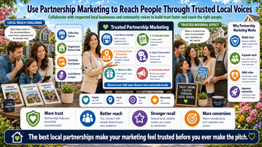 Partnership marketing works because trust can transfer. When a local business, expert, or community leader shares your content or introduces you to their audience, people may listen faster than they would to a cold ad.