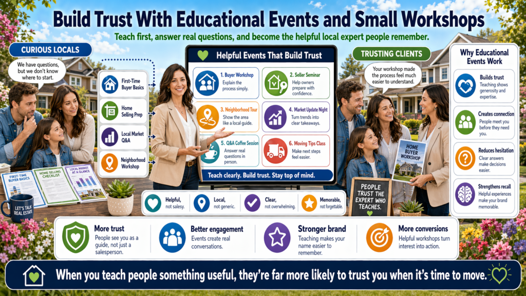 Educational events can help you meet people before they are ready to buy or sell. This is useful because many people want information before they want a sales conversation. A workshop gives them a safe way to learn and ask questions.
