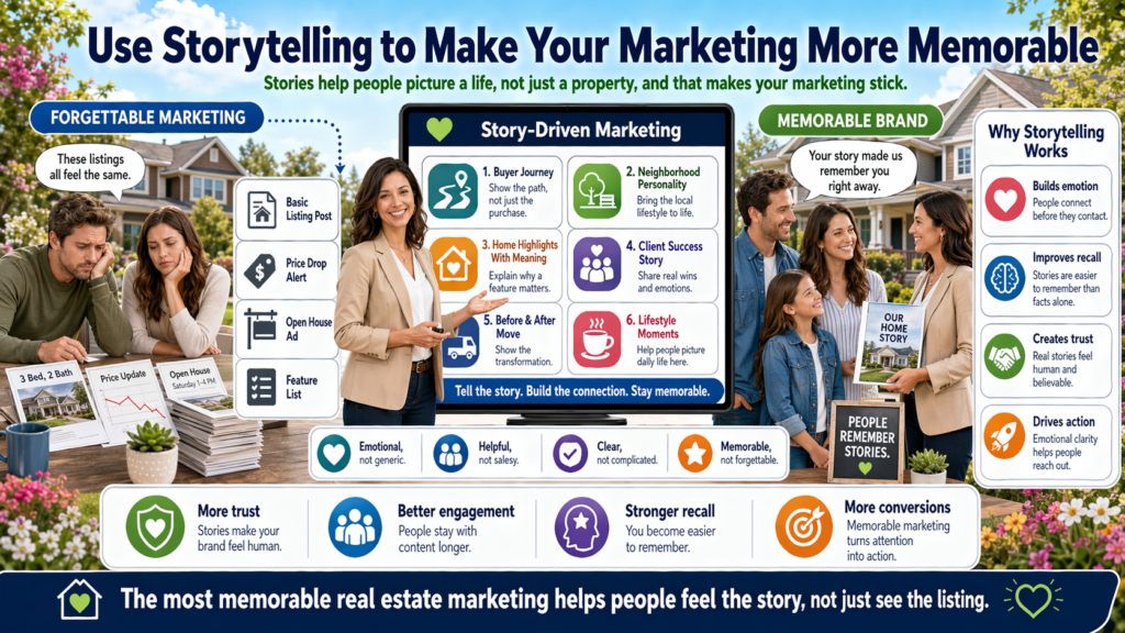 Facts matter, but stories are easier to remember. A person may forget a market statistic, but they may remember a story about a seller who almost overspent on renovations or a buyer who avoided a bad decision because they slowed down and looked deeper.