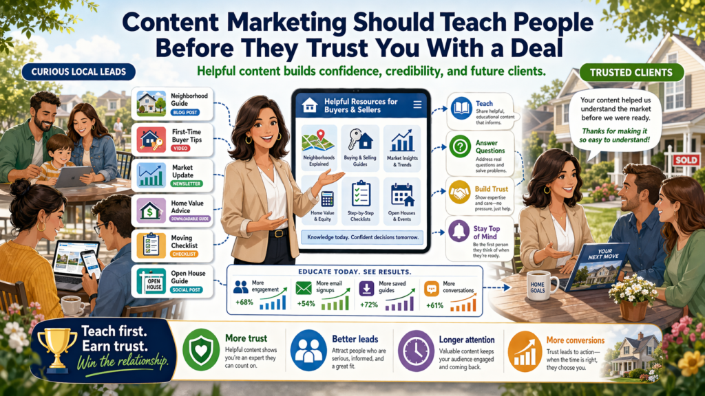 Real estate content works best when it helps people make better choices before they ever become clients. This is where many real estate businesses miss a huge chance. They treat content like decoration. They post because they feel they should post. They write blogs because someone told them SEO matters. They send emails because they want to stay visible.