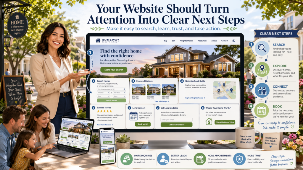 A real estate website should not only look nice. It should help people take action. Many real estate websites are full of pages, photos, and search tools, but they do not guide visitors well. People arrive, look around, and leave without doing anything.