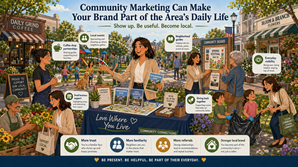 Real estate is deeply local. People want an agent who understands the area, not just the transaction. Community marketing helps you show that connection in a real way.