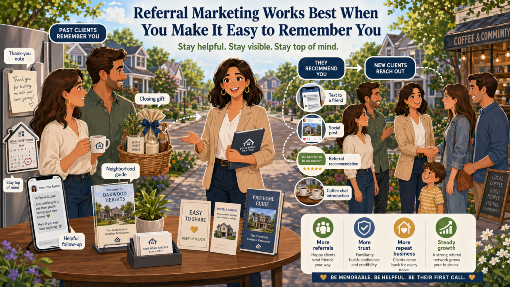 Referrals are one of the best lead sources in real estate. A referred lead often comes with more trust, less resistance, and a stronger chance of becoming a client. But referrals do not happen just because people liked working with you. They happen when people remember you at the right moment and know how to introduce you.