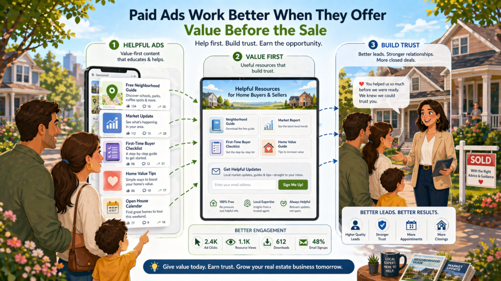Paid ads can bring fast attention, but they can also waste money quickly. The problem is that many real estate ads are too direct too soon. They ask cold people to book a call, request a showing, or sell their home now. Some people will respond, but many will not because they are not ready yet.