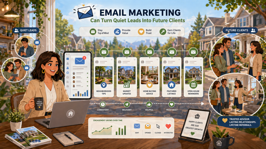 Email is still one of the most useful tools in real estate because it gives you a direct line to people who already know you in some way. Social media is busy and easy to miss. Ads stop working when the budget stops. But email lets you stay in touch with buyers, sellers, past clients, and local homeowners in a steady and personal way.