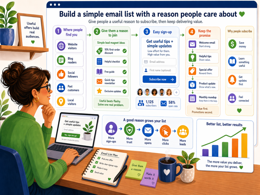 That reason can be simple. A local restaurant can offer a birthday treat or early notice of weekend specials. A consultant can offer a short guide. A gym can offer a beginner plan. A store can offer first access to new items. A service business can offer a checklist that helps customers avoid mistakes.