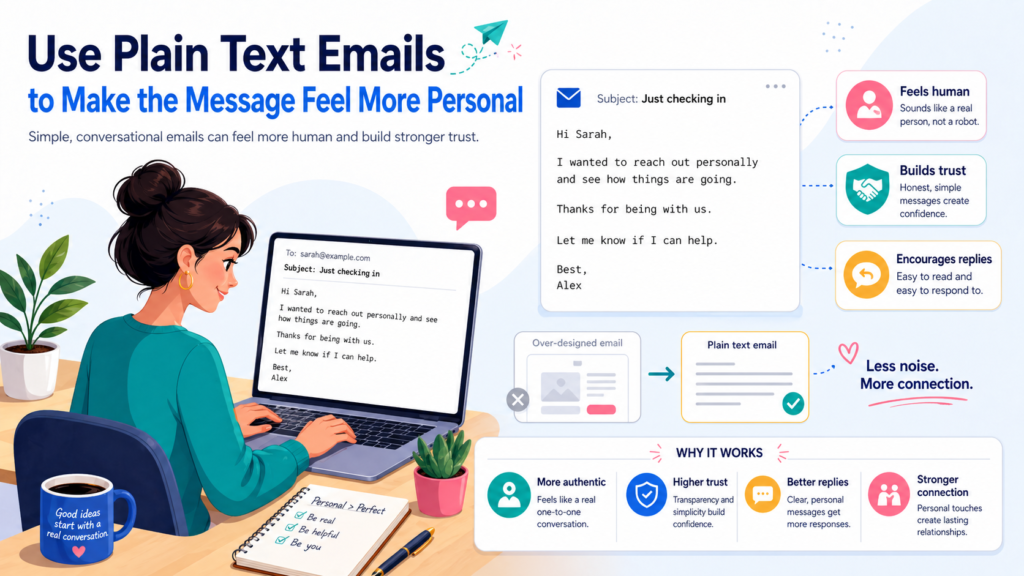 In fact, some of the highest-trust emails are plain text or mostly plain text. They feel closer to a personal note. They are easier to read. They load quickly. They can work especially well for service businesses, B2B brands, consultants, coaches, SaaS companies, and relationship-based offers.