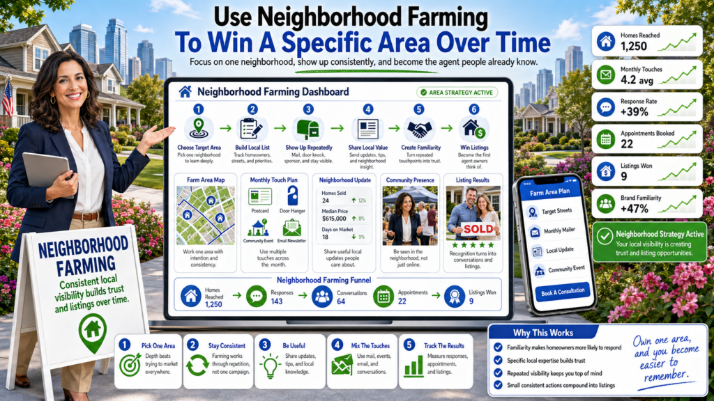 It should combine direct mail, local SEO, social content, email, community presence, homeowner education, market updates, and personal relationships. The goal is not only to be seen. The goal is to become the agent people in that area associate with smart local guidance.