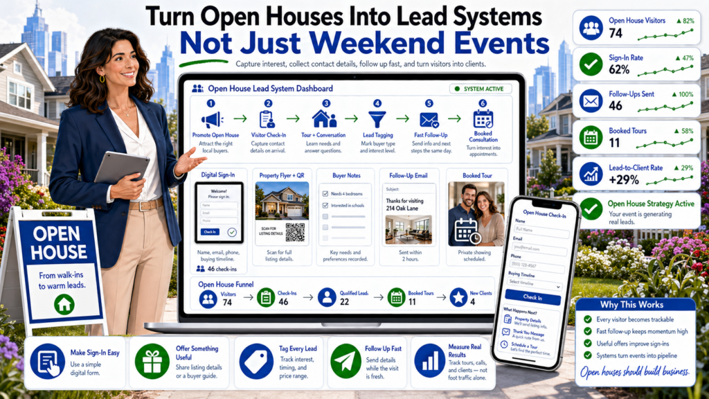 Many agents treat open houses like passive events. They put up signs, unlock the door, greet visitors, collect a few names, and hope someone becomes a client. That is not enough.