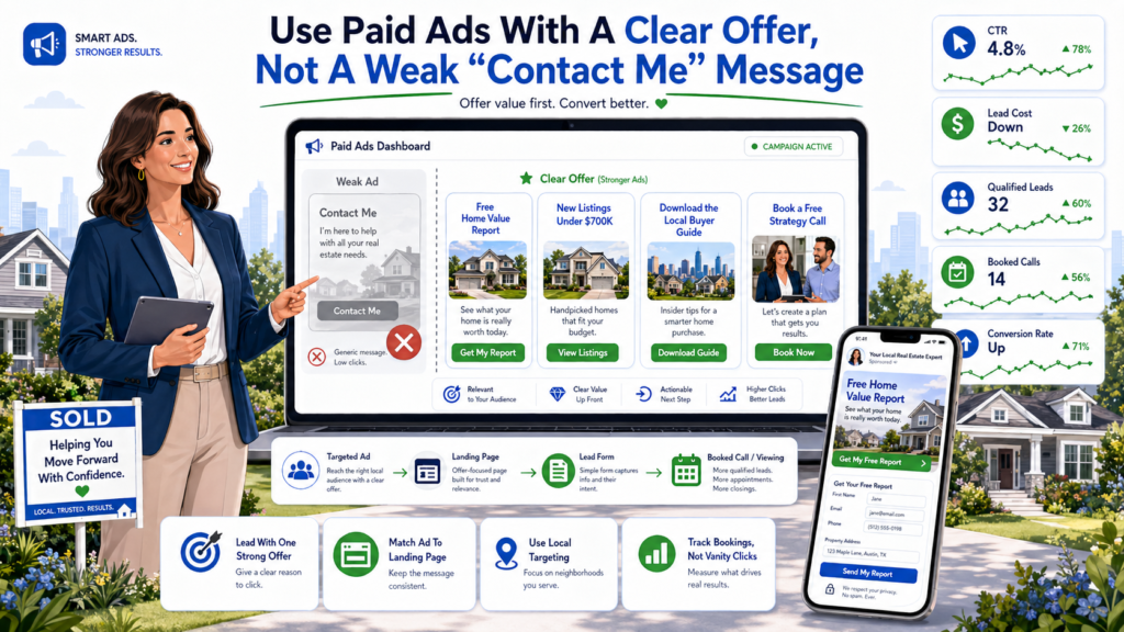 Most agents waste money on ads because they promote themselves too directly to people who are not ready. They run an ad that says, “Thinking of buying or selling? Call me today.” That may sound normal, but it is too broad. It gives the person no strong reason to click. It also assumes they are ready to talk right now.