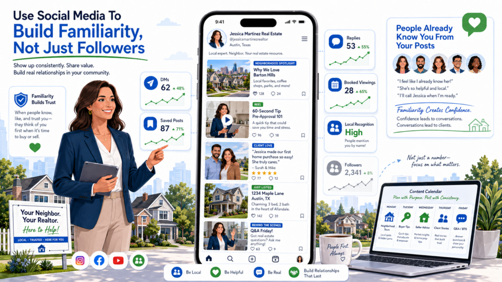 Familiarity is powerful. People are more likely to contact someone they have seen often, learned from, and slowly started to trust. They may not like every post. They may not comment. They may not message you for months. But if your content keeps showing up with useful advice, local insight, and a clear point of view, you stay in their mind.