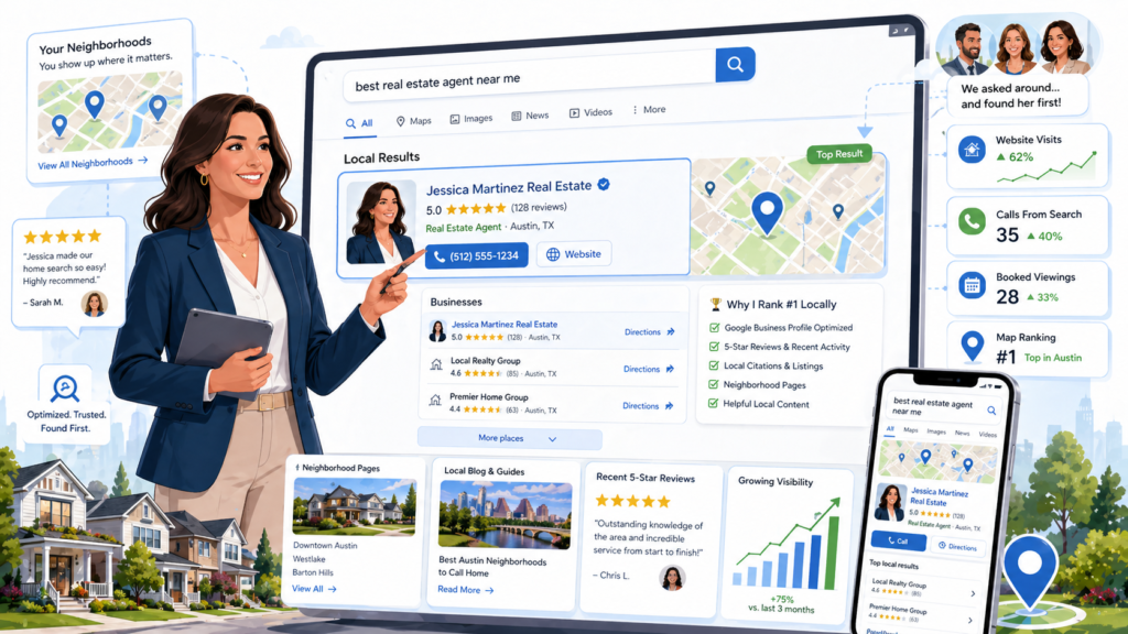 When someone searches for “best real estate agent in [city],” “homes for sale in [neighborhood],” “how to sell my house in [city],” or “moving to [suburb],” they are showing real intent. They are not just scrolling for fun. They are looking for help.