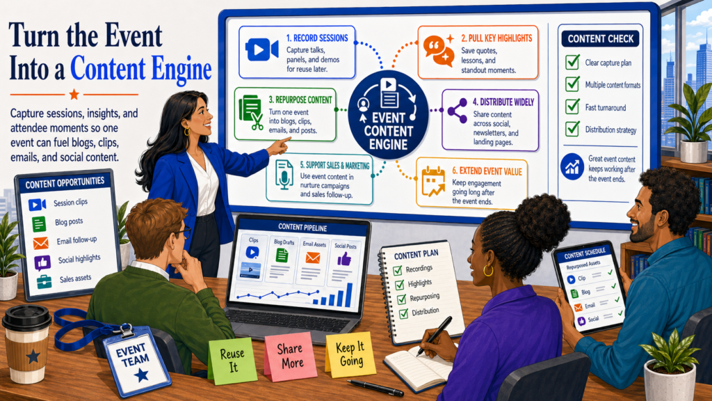 A good event can become much more than a live session. It can become blog content, short videos, social posts, email lessons, sales materials, customer education, podcast clips, quote graphics, case studies, and future event topics.
