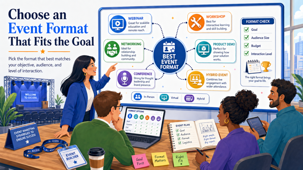 A webinar is good for education and reach. A workshop is good for hands-on learning. A private roundtable is good for senior relationships. A product demo is good for buyers who need clarity. A trade show booth is good for visibility and face-to-face conversations. A customer event is good for loyalty and retention.