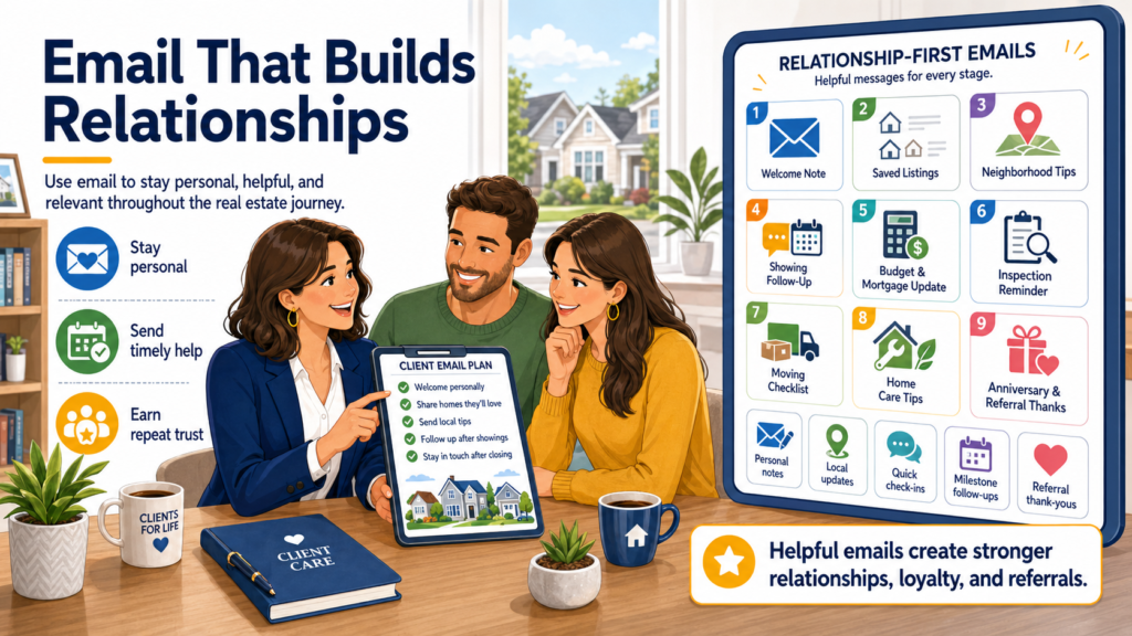 Many real estate emails fail because they are too generic. They send random listings, broad market updates, holiday greetings, and “just checking in” messages. These emails may keep your name visible, but they do not always build deep trust.