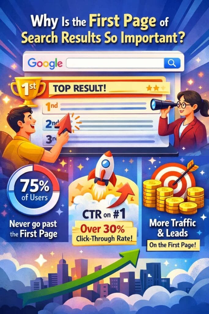 75% of users never scroll past the first page of search results. This behavior emphasizes the importance of ranking on the first page of search engines. If your website is not visible on the first page, you are likely missing out on a significant amount of traffic.