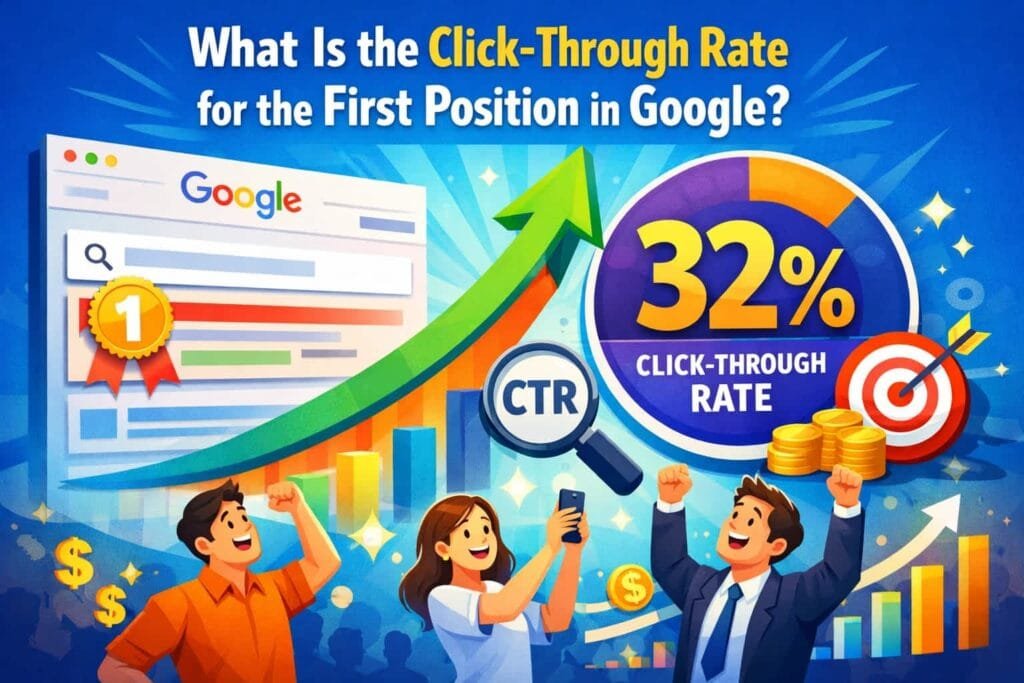 The average click-through rate for the first position in Google is 28.5%. Securing the top spot in search results can significantly increase your website’s traffic. Users tend to trust and click on the first result more than lower-ranked links, making it a highly coveted position.