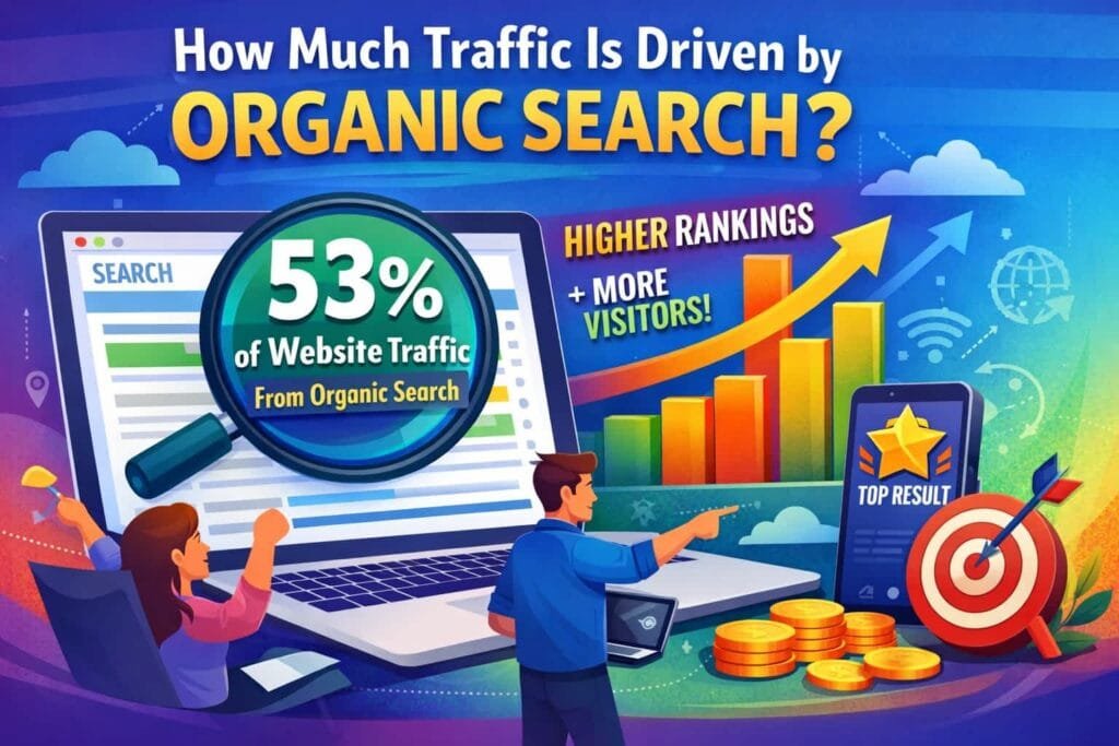 Organic search drives 53% of website traffic. This statistic underscores the significance of organic search in the digital marketing landscape. Unlike paid traffic, which incurs a cost for each click, organic traffic is free and can provide a steady stream of visitors over time.