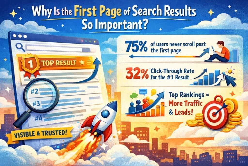 75% of users never scroll past the first page of search results. This behavior emphasizes the importance of ranking on the first page of search engines. If your website is not visible on the first page, you are likely missing out on a significant amount of traffic.