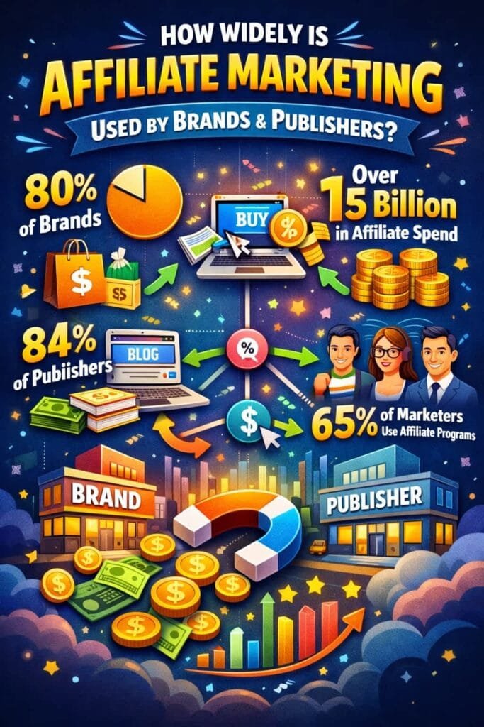 81% of brands and 84% of publishers leverage affiliate marketing. This widespread adoption highlights the effectiveness and popularity of affiliate marketing across various industries. Brands benefit from increased sales and exposure, while publishers earn revenue by promoting products and services.