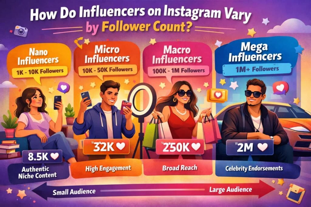 Instagram influencers with 1,000 to 10,000 followers account for 65.39% of all influencer accounts worldwide. This large group of nano-influencers is followed by micro-influencers (10,000 to 50,000 followers) at 27.73%, mid-tier influencers (50,000 to 500,000 followers) at 6.38%, and mega-influencers (1 million+ followers) at 0.23%.